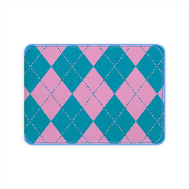 Argyle pink and blue leather credit card holder