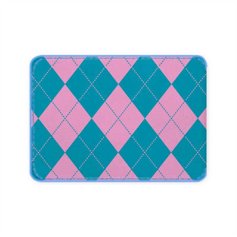 Argyle pink and blue leather credit card holder