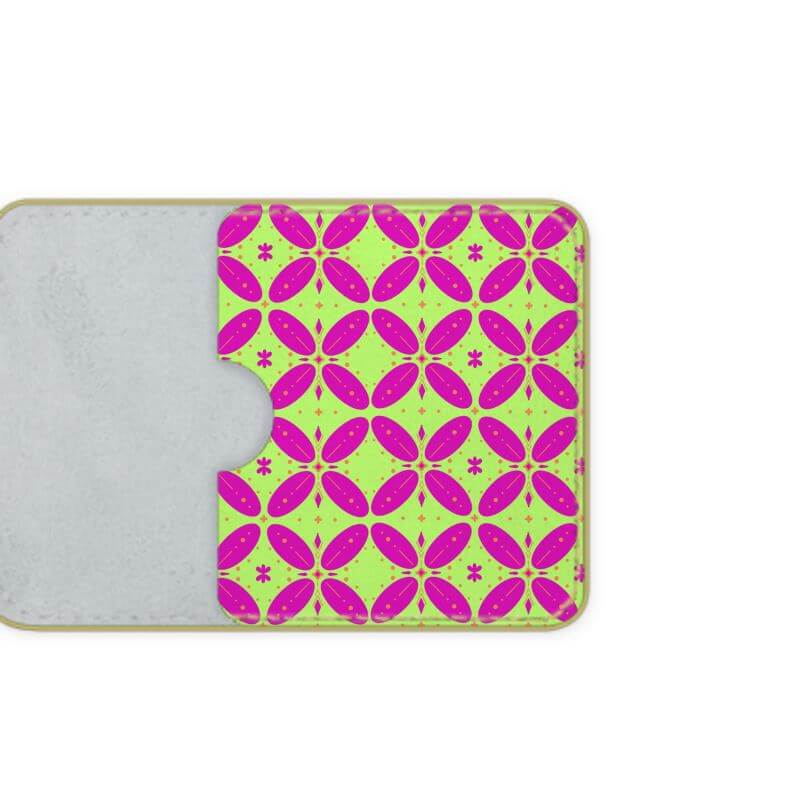 Flower motif hot pink and yellow luxury leather credit card holder