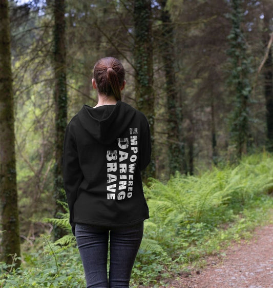 Back of black Hero Recycled Hoody with printed text